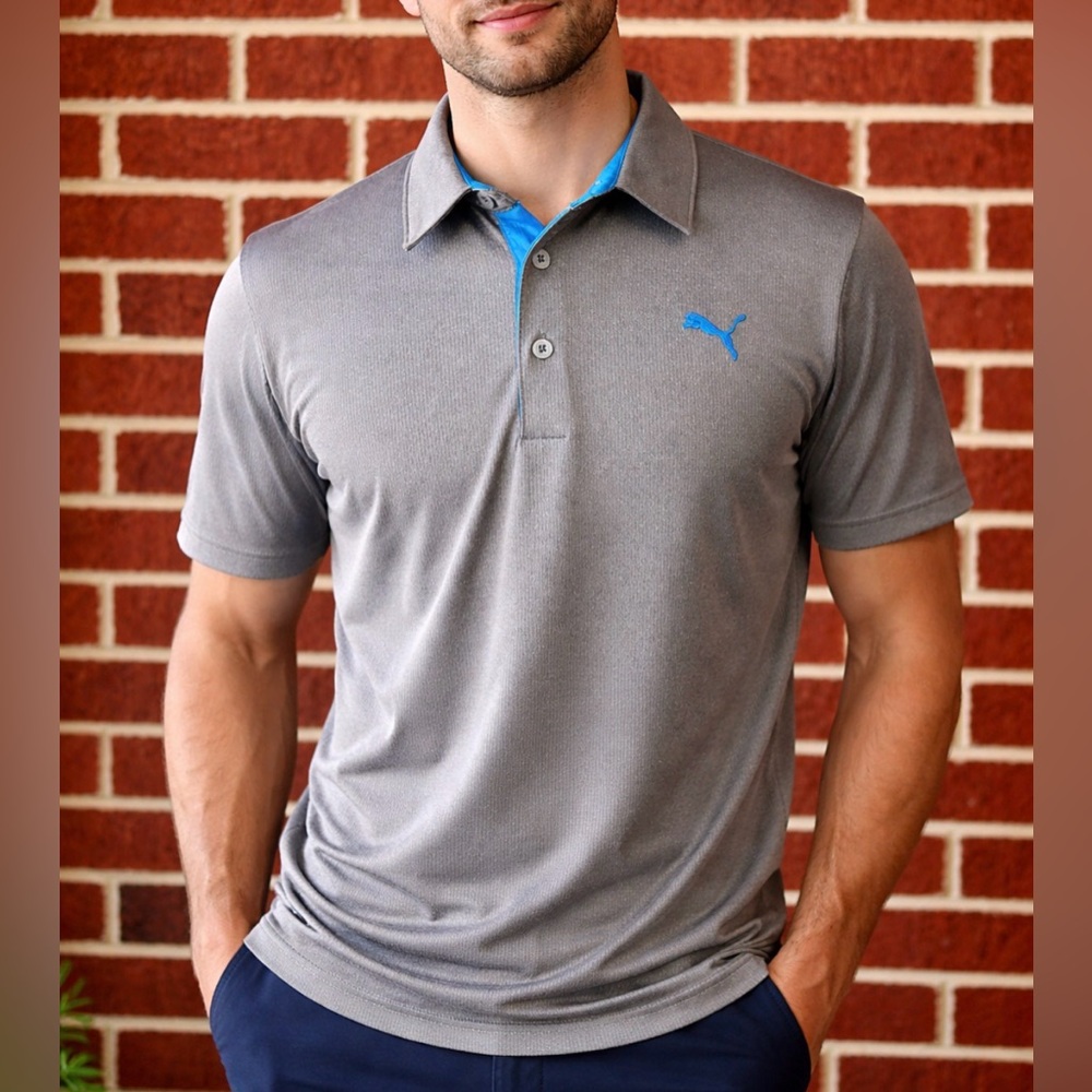 -Puma Sport Lifestyle Grey w/Blue Polo Shirt s/s Men's Size Large